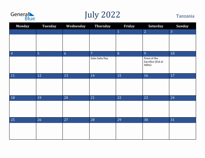 July 2022 Tanzania Calendar (Monday Start)