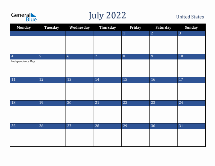 July 2022 United States Calendar (Monday Start)