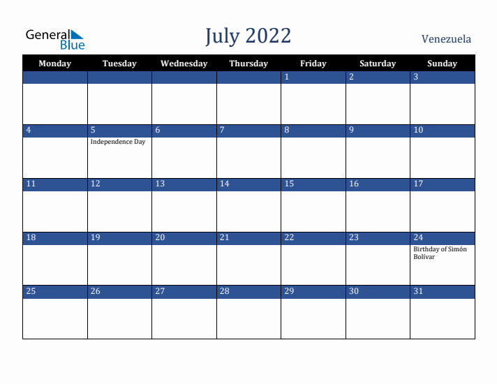 July 2022 Venezuela Calendar (Monday Start)
