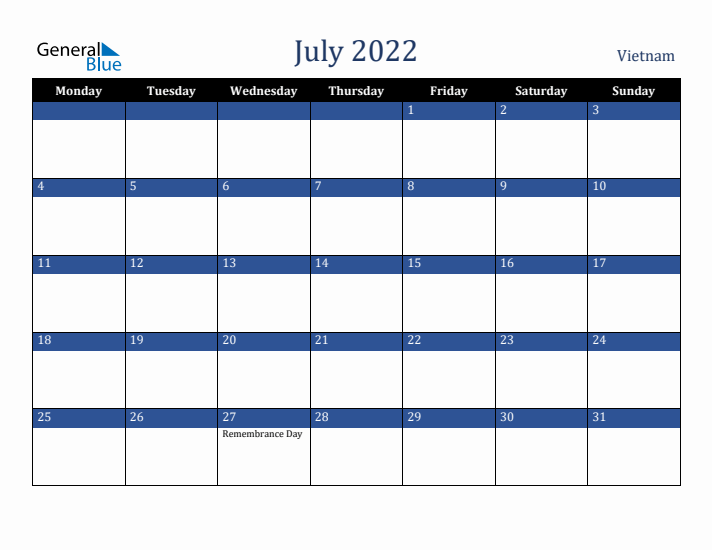 July 2022 Vietnam Calendar (Monday Start)