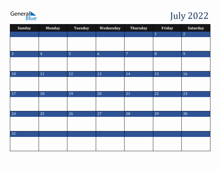 Sunday Start Calendar for July 2022