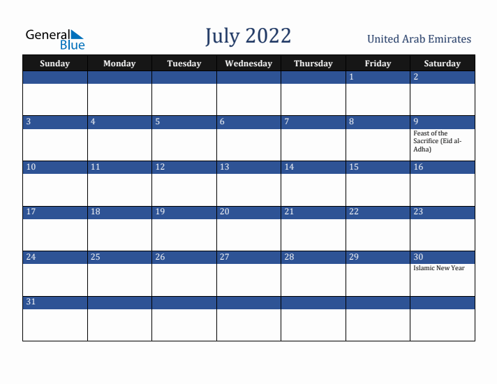 July 2022 United Arab Emirates Calendar (Sunday Start)