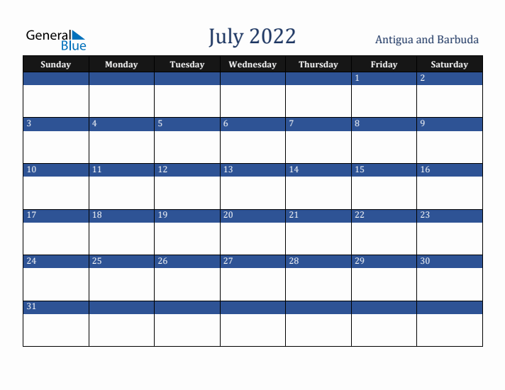 July 2022 Antigua and Barbuda Calendar (Sunday Start)