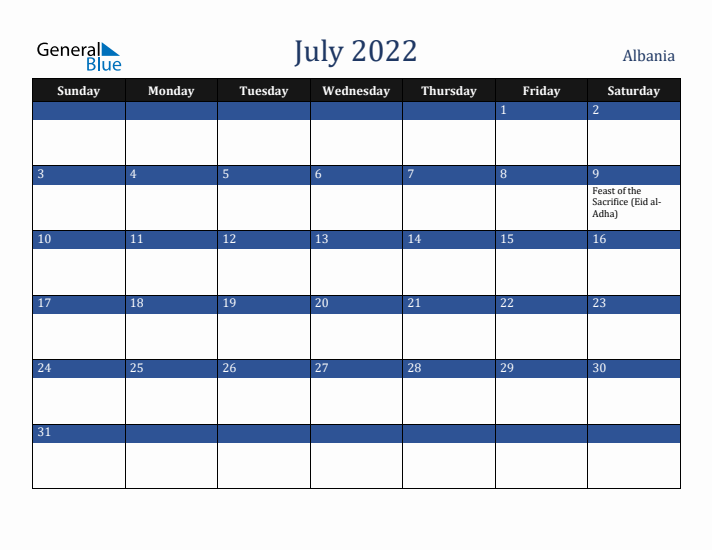 July 2022 Albania Calendar (Sunday Start)