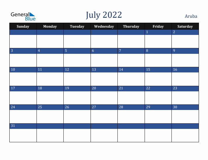 July 2022 Aruba Calendar (Sunday Start)