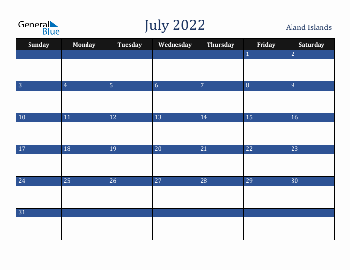 July 2022 Aland Islands Calendar (Sunday Start)
