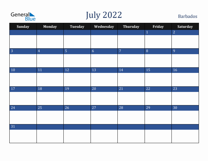 July 2022 Barbados Calendar (Sunday Start)