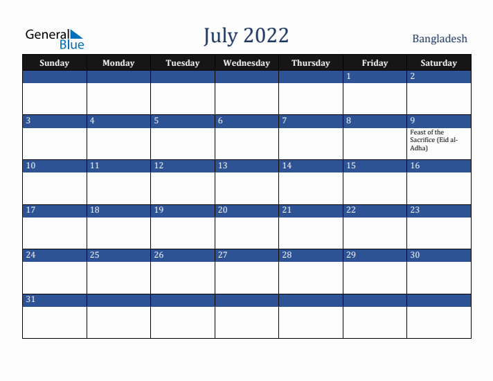 July 2022 Bangladesh Calendar (Sunday Start)