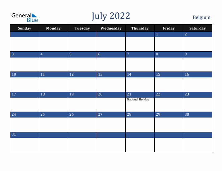 July 2022 Belgium Calendar (Sunday Start)