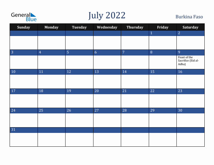 July 2022 Burkina Faso Calendar (Sunday Start)