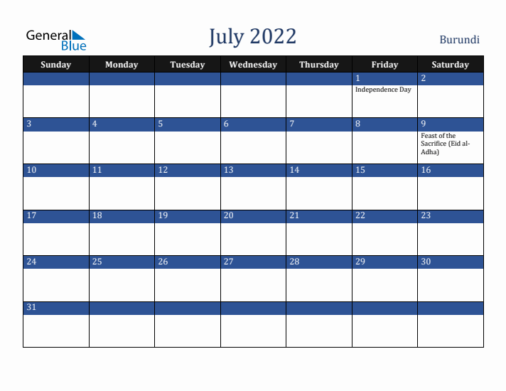 July 2022 Burundi Calendar (Sunday Start)