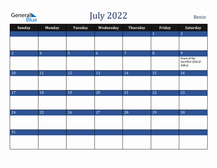 July 2022 Benin Calendar (Sunday Start)
