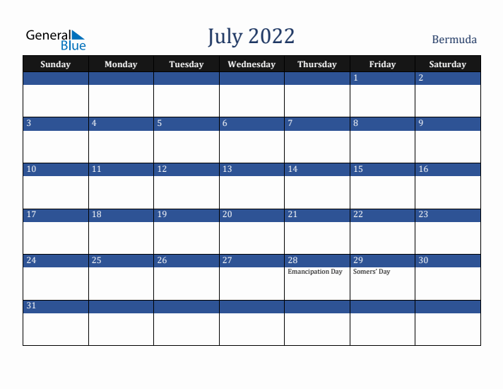 July 2022 Bermuda Calendar (Sunday Start)