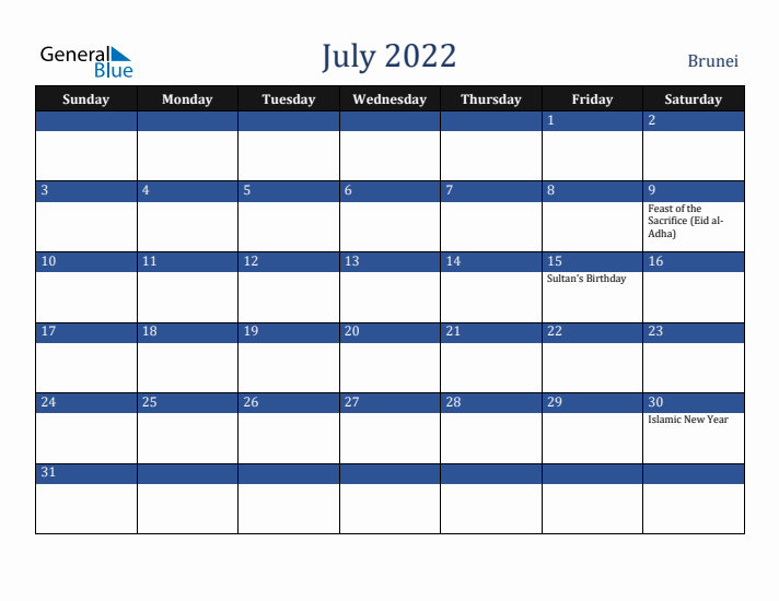 July 2022 Brunei Calendar (Sunday Start)