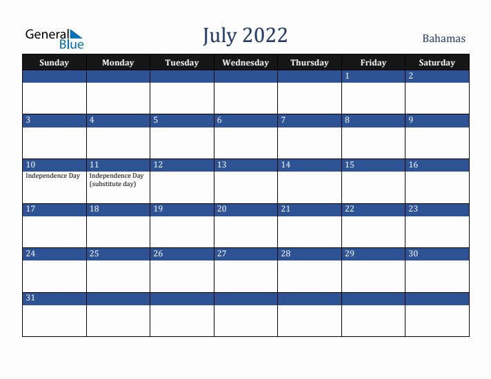 July 2022 Bahamas Calendar (Sunday Start)