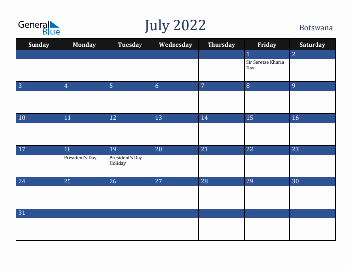 July 2022 Botswana Calendar (Sunday Start)