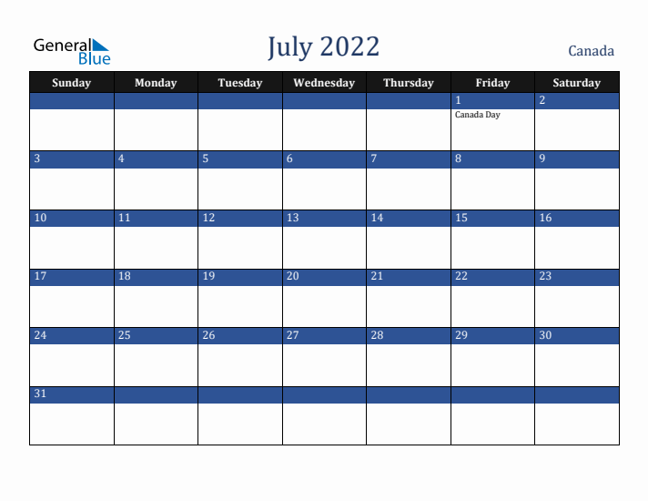 July 2022 Canada Calendar (Sunday Start)