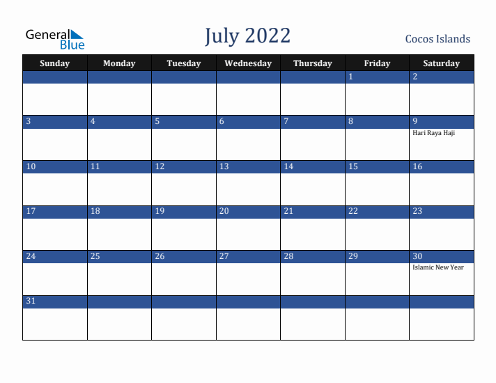 July 2022 Cocos Islands Calendar (Sunday Start)