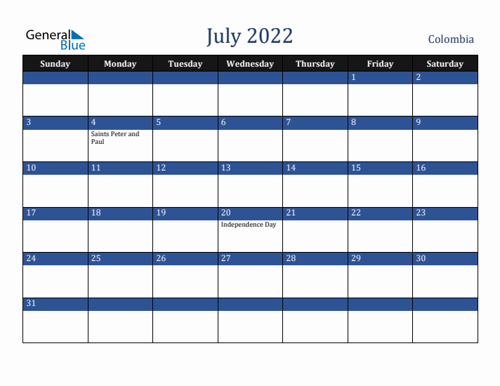 July 2022 Colombia Calendar (Sunday Start)
