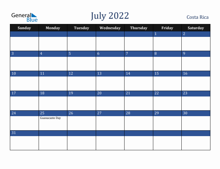 July 2022 Costa Rica Calendar (Sunday Start)