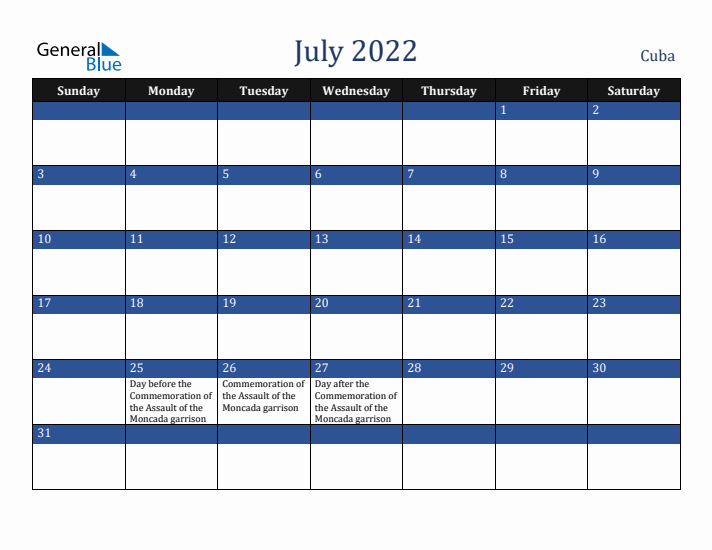July 2022 Cuba Calendar (Sunday Start)