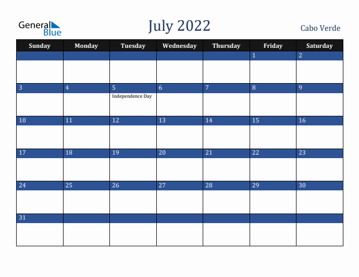 July 2022 Cabo Verde Calendar (Sunday Start)