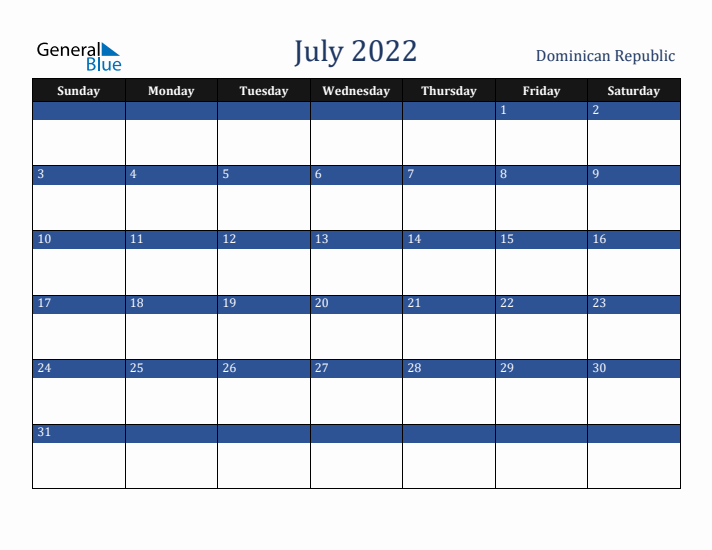 July 2022 Dominican Republic Calendar (Sunday Start)