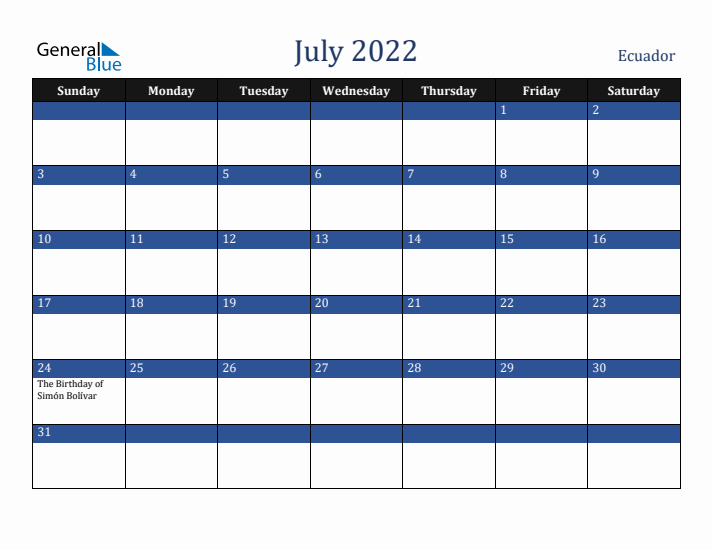 July 2022 Ecuador Calendar (Sunday Start)