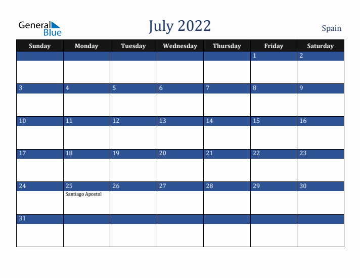 July 2022 Spain Calendar (Sunday Start)