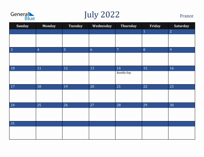 July 2022 France Calendar (Sunday Start)
