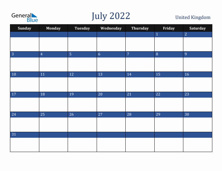 July 2022 United Kingdom Calendar (Sunday Start)