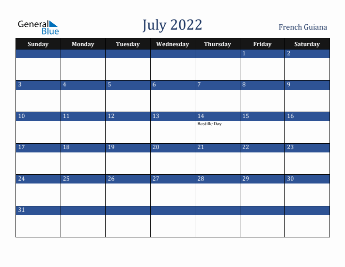 July 2022 French Guiana Calendar (Sunday Start)
