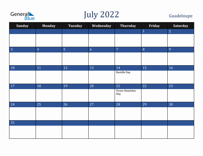 July 2022 Guadeloupe Calendar (Sunday Start)