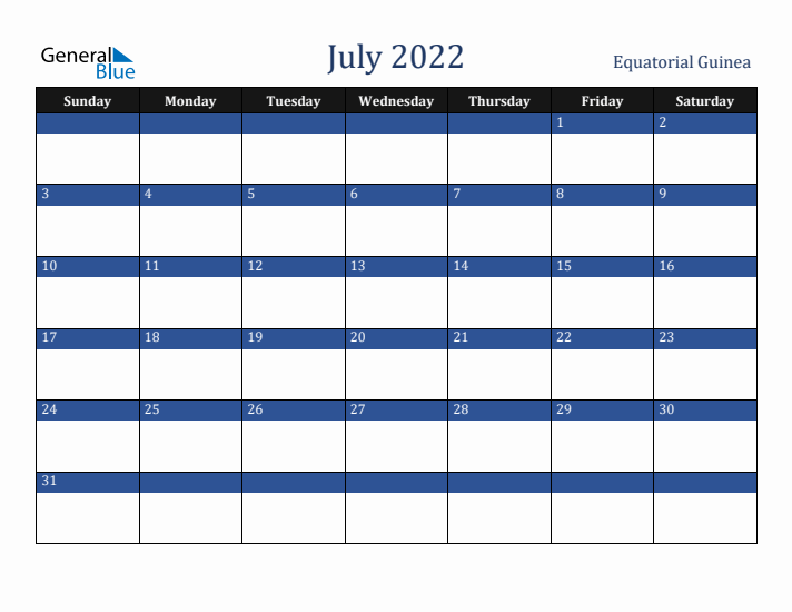 July 2022 Equatorial Guinea Calendar (Sunday Start)