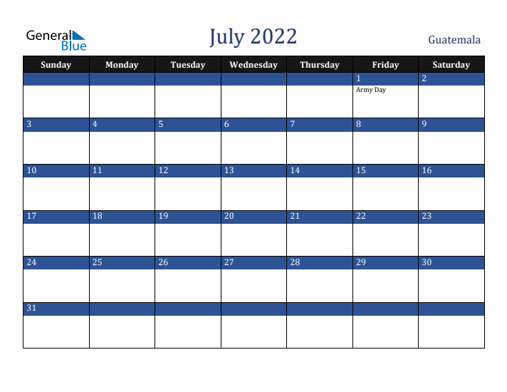 July 2022 Guatemala Calendar (Sunday Start)