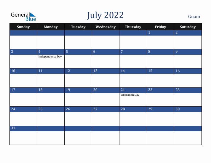 July 2022 Guam Calendar (Sunday Start)