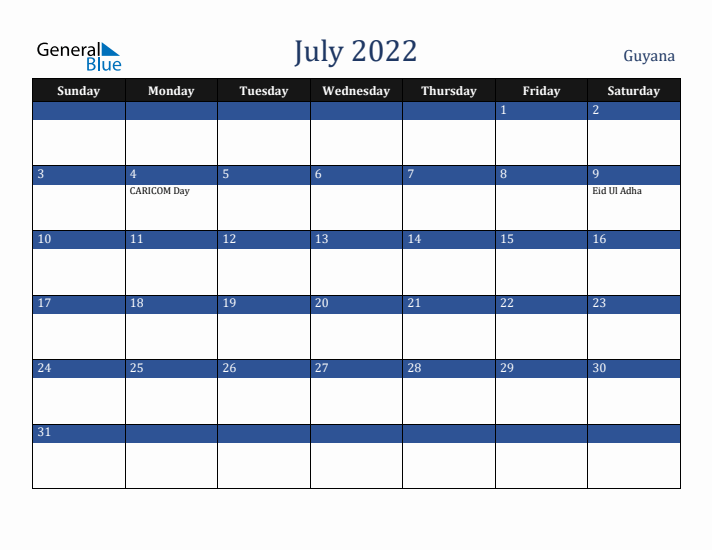 July 2022 Guyana Calendar (Sunday Start)