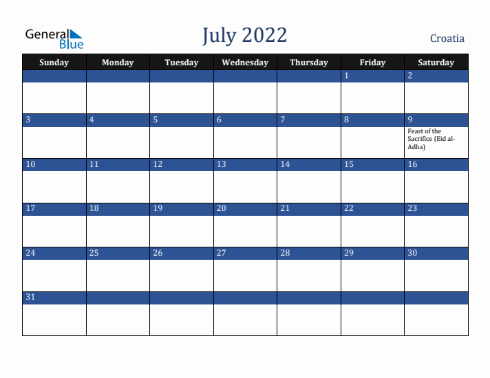 July 2022 Croatia Calendar (Sunday Start)