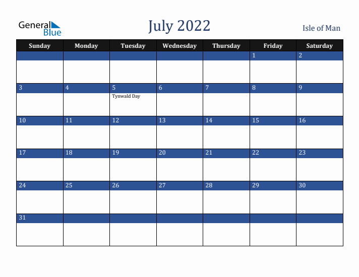July 2022 Isle of Man Calendar (Sunday Start)