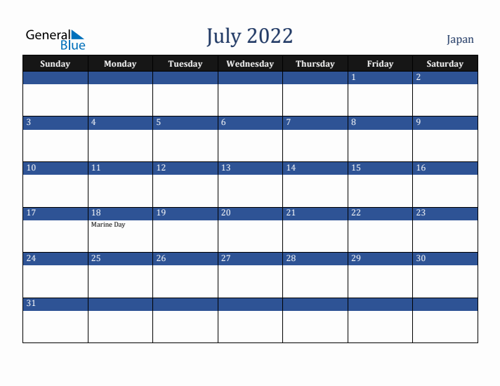 July 2022 Japan Calendar (Sunday Start)