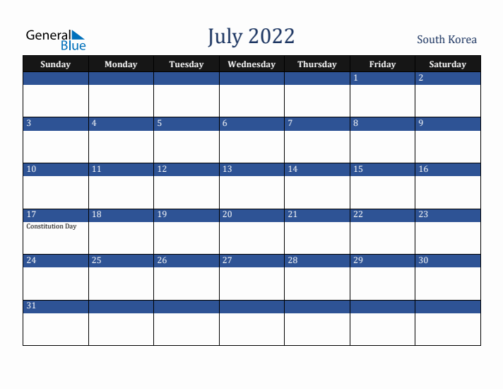 July 2022 South Korea Calendar (Sunday Start)