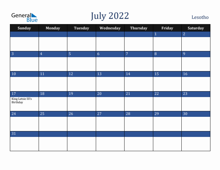 July 2022 Lesotho Calendar (Sunday Start)