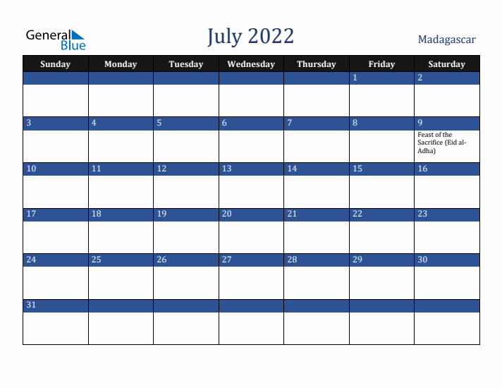 July 2022 Madagascar Calendar (Sunday Start)