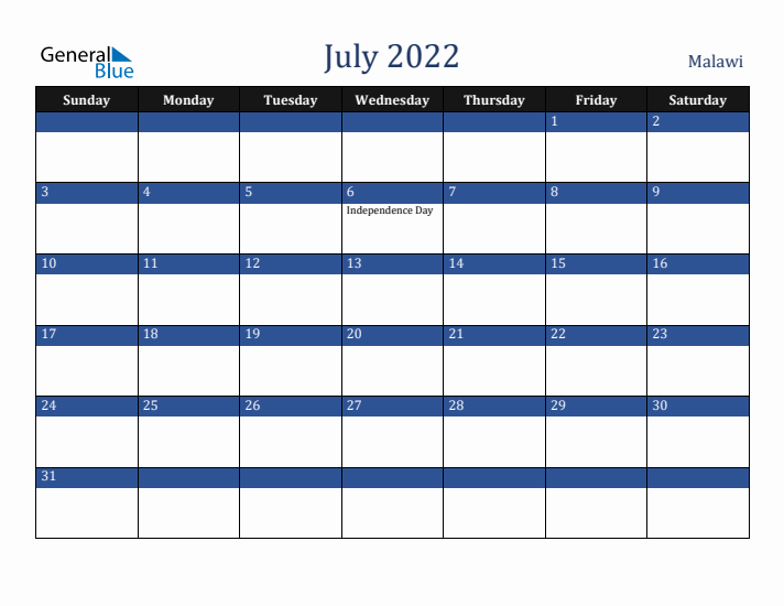July 2022 Malawi Calendar (Sunday Start)