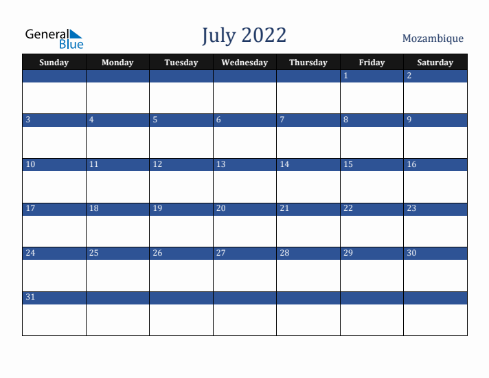 July 2022 Mozambique Calendar (Sunday Start)