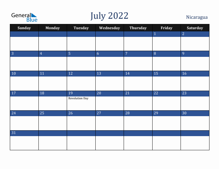 July 2022 Nicaragua Calendar (Sunday Start)