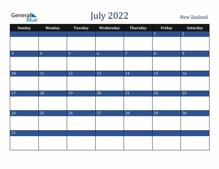 July 2022 New Zealand Calendar (Sunday Start)