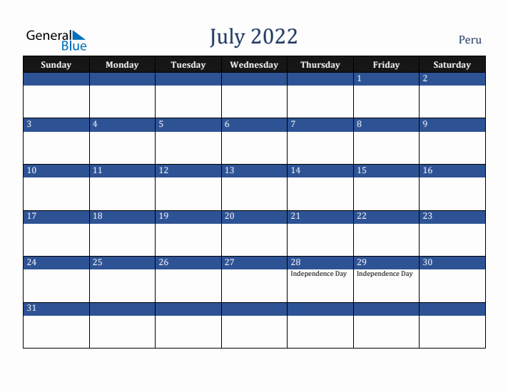 July 2022 Peru Calendar (Sunday Start)