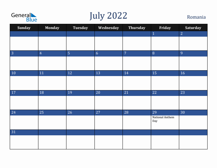 July 2022 Romania Calendar (Sunday Start)