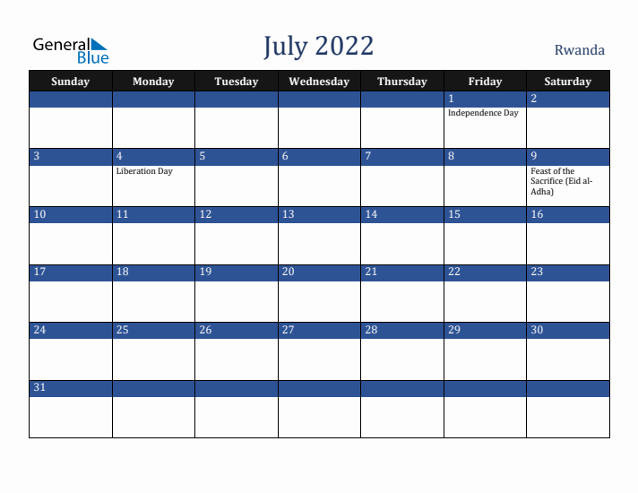 July 2022 Rwanda Calendar (Sunday Start)